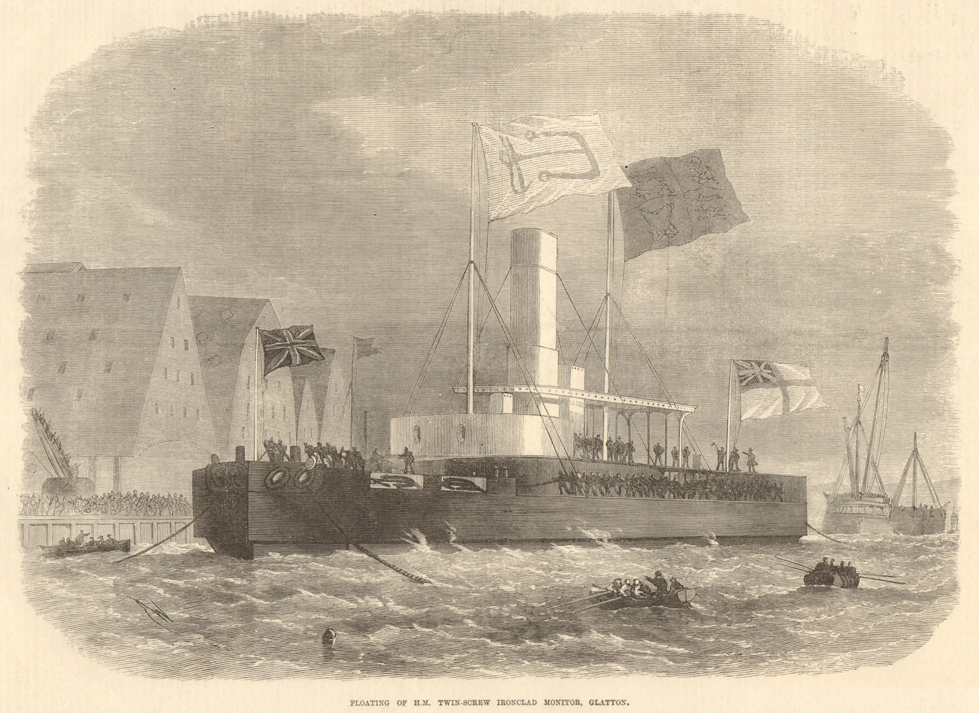Floating of H. M. twin-screw iron-clad monitor, Glatton. Chatham. Ships 1871
